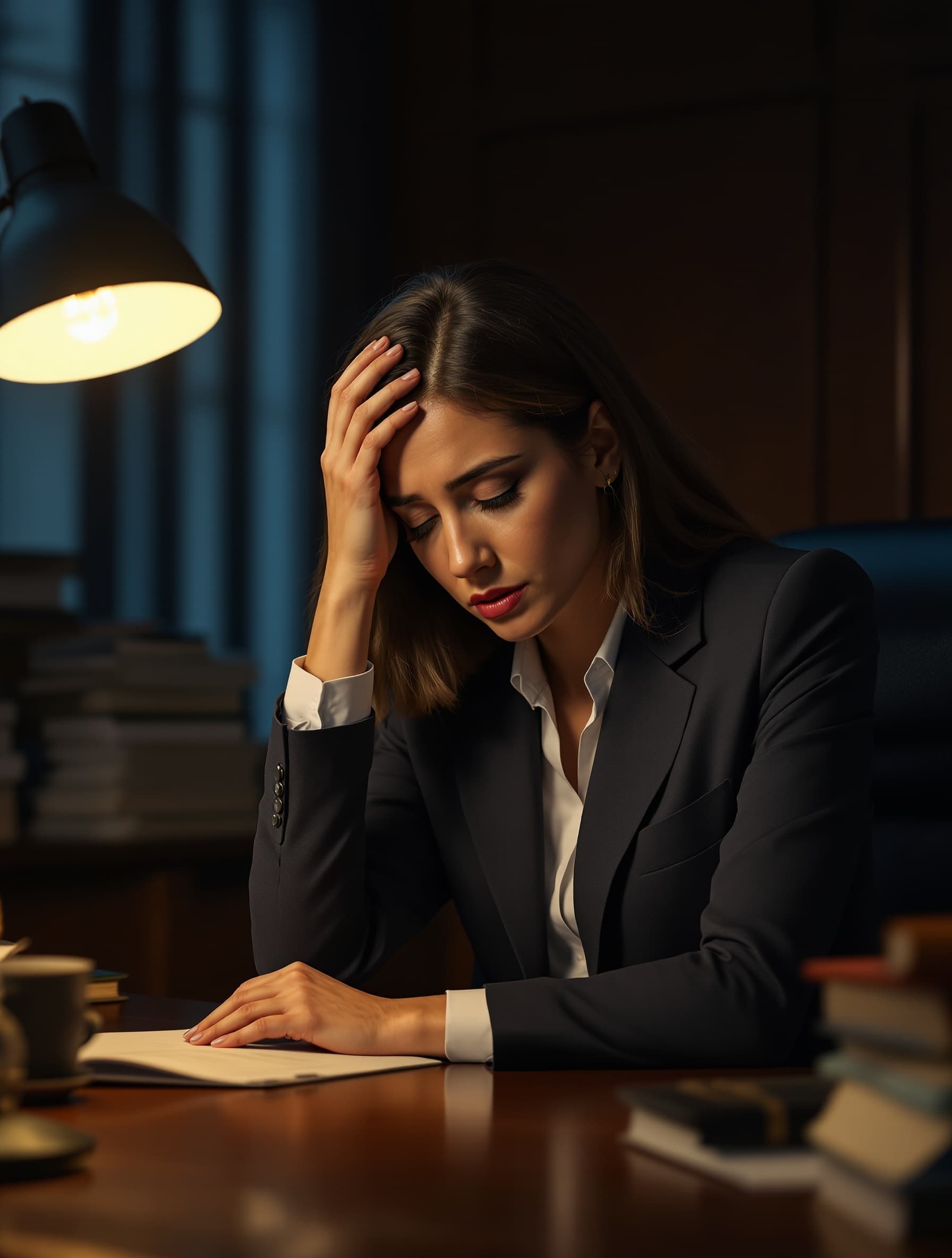 Attorney at her desk late at night, hand to forehead