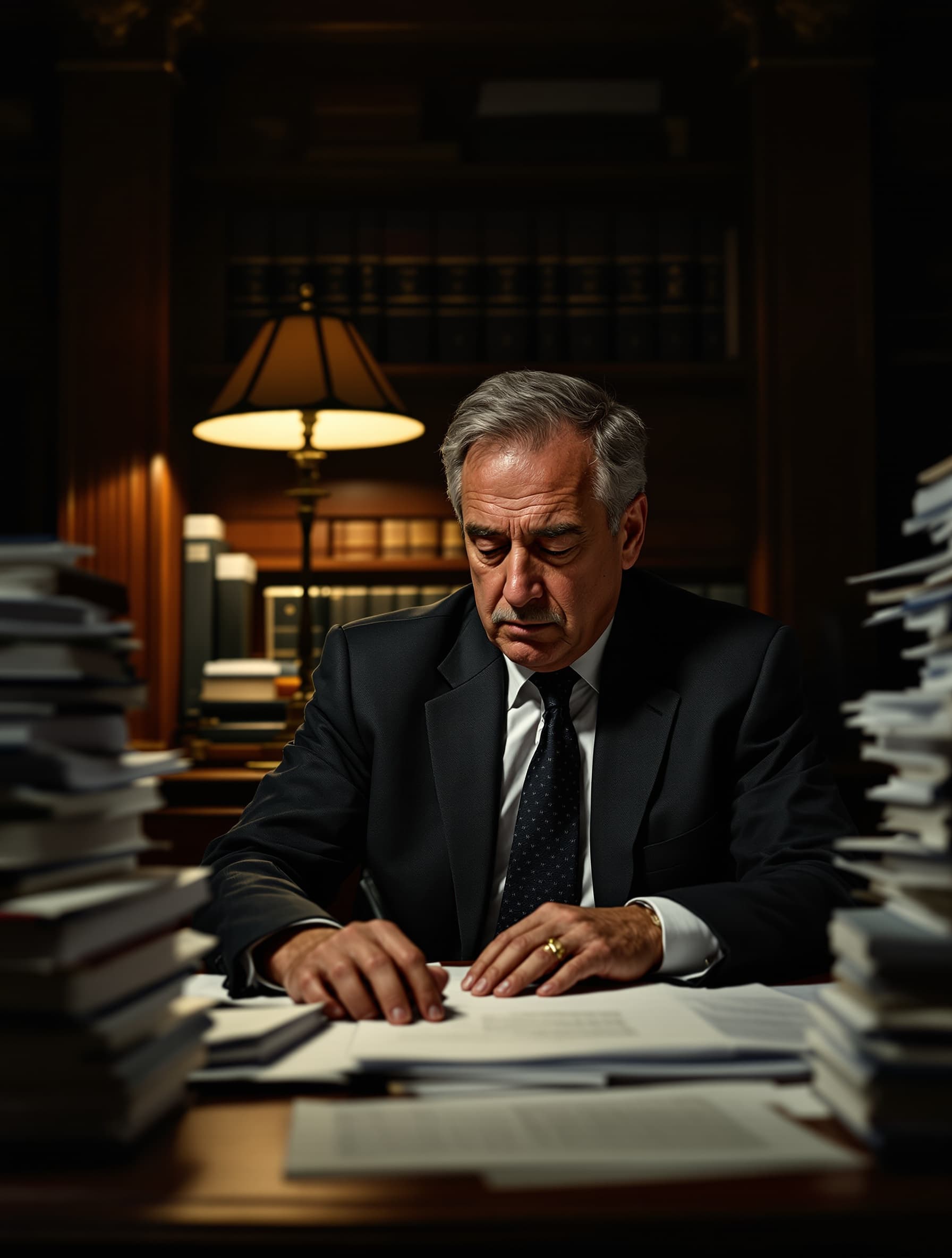 Senior attorney at his desk surrounded by stacks of case files