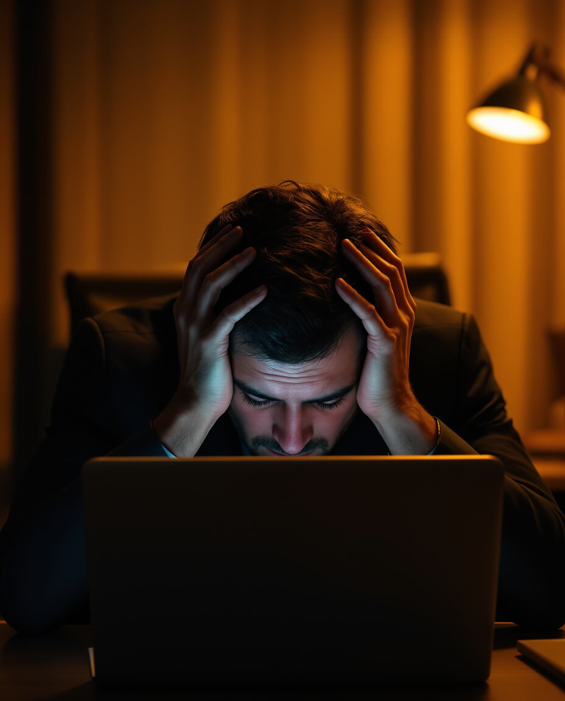Attorney at his desk gripping his head in front of a glowing laptop