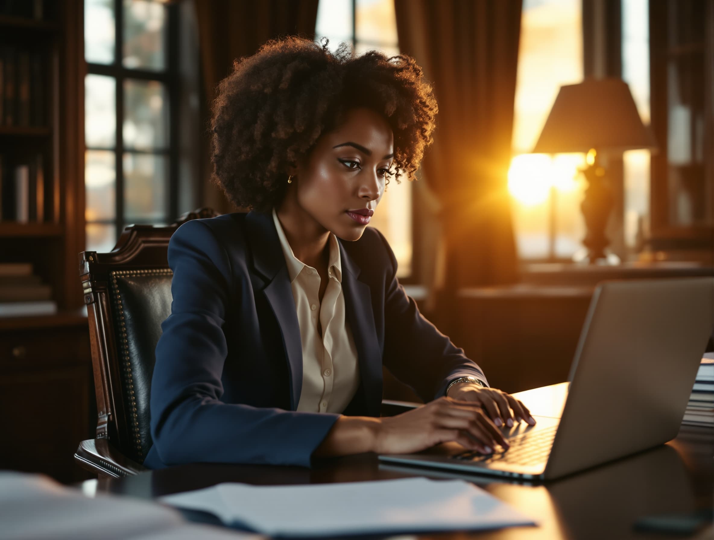 Thoughtful Black female attorney with natural curly hair sitting at her walnut desk in a warmly lit office at golden hour, looking with quiet curiosity at her laptop
