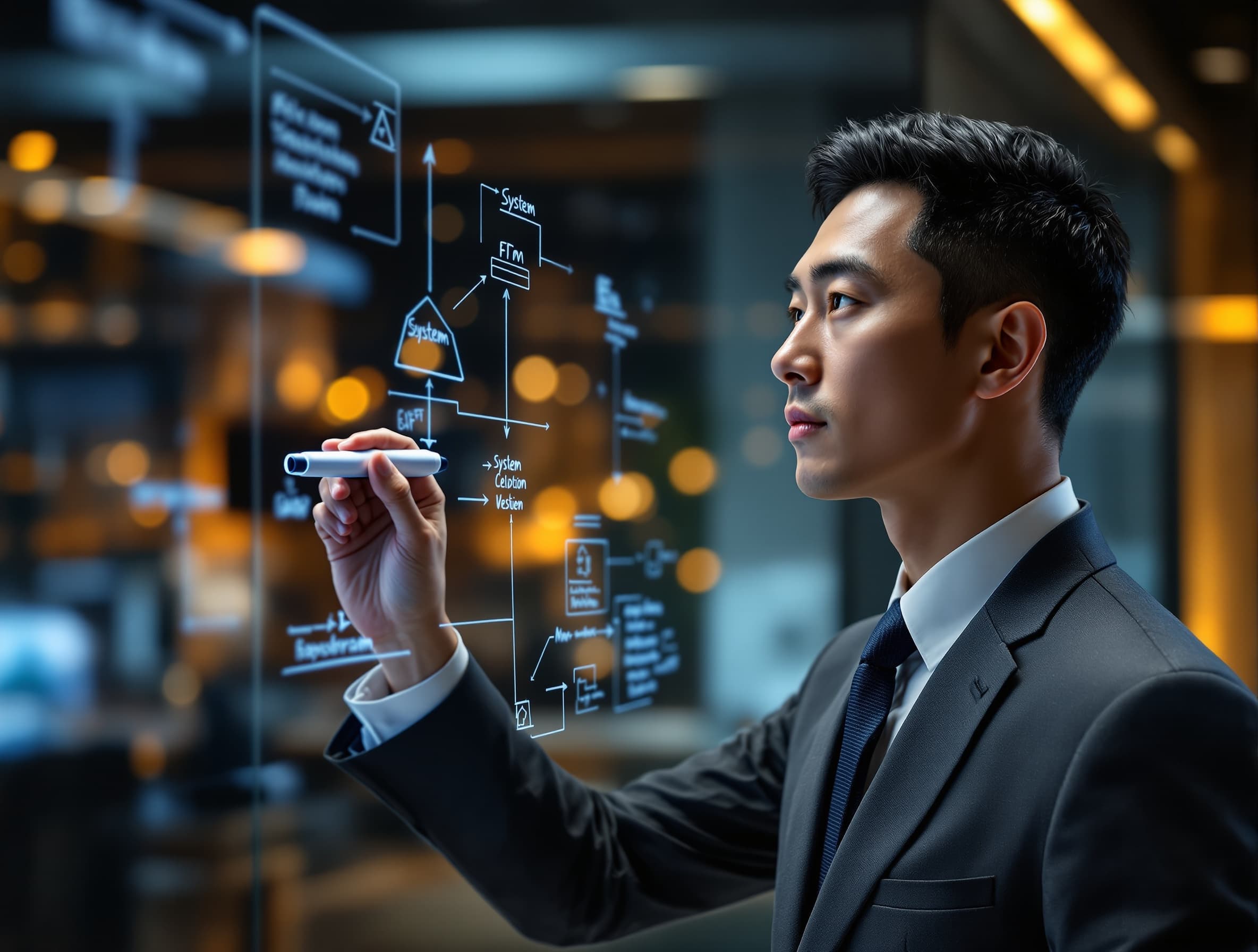 Focused East Asian professional in a charcoal suit standing at a glass conference-room wall, sketching a workflow diagram with a dry-erase marker