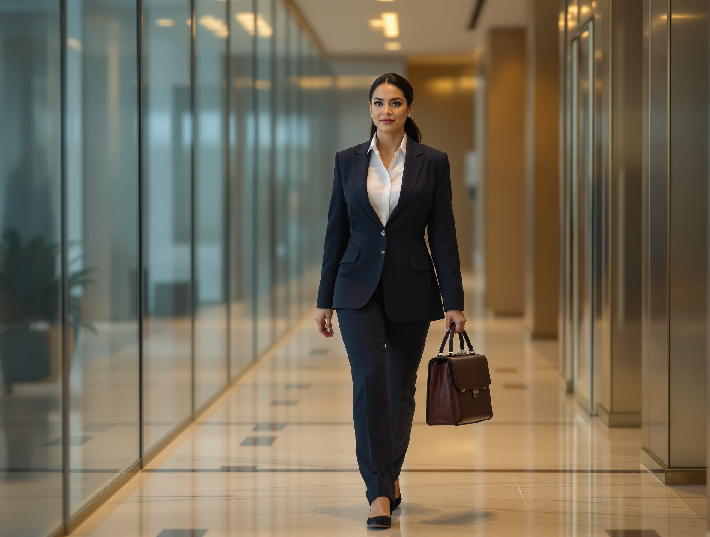 Confident Latina professional in a tailored navy pantsuit walking purposefully down a modern corridor lined with glass walls, executive presence
