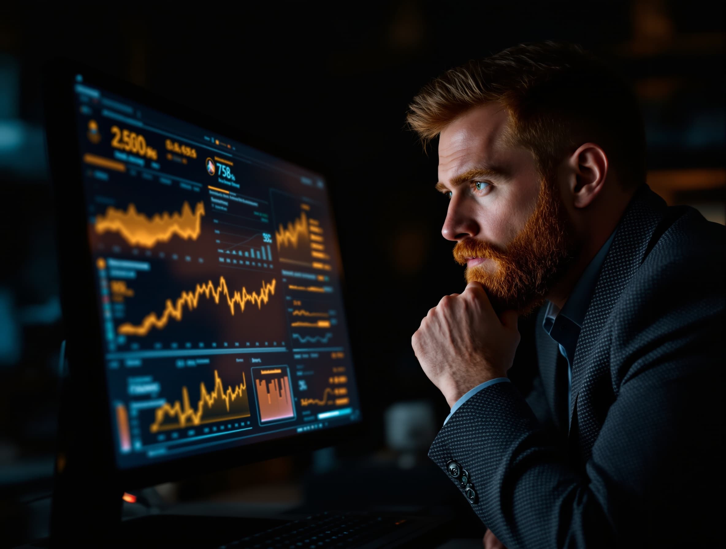 Person with auburn hair and trimmed beard studying a glowing gold-toned dashboard on a monitor in a dim office at night, sharp analytical focus