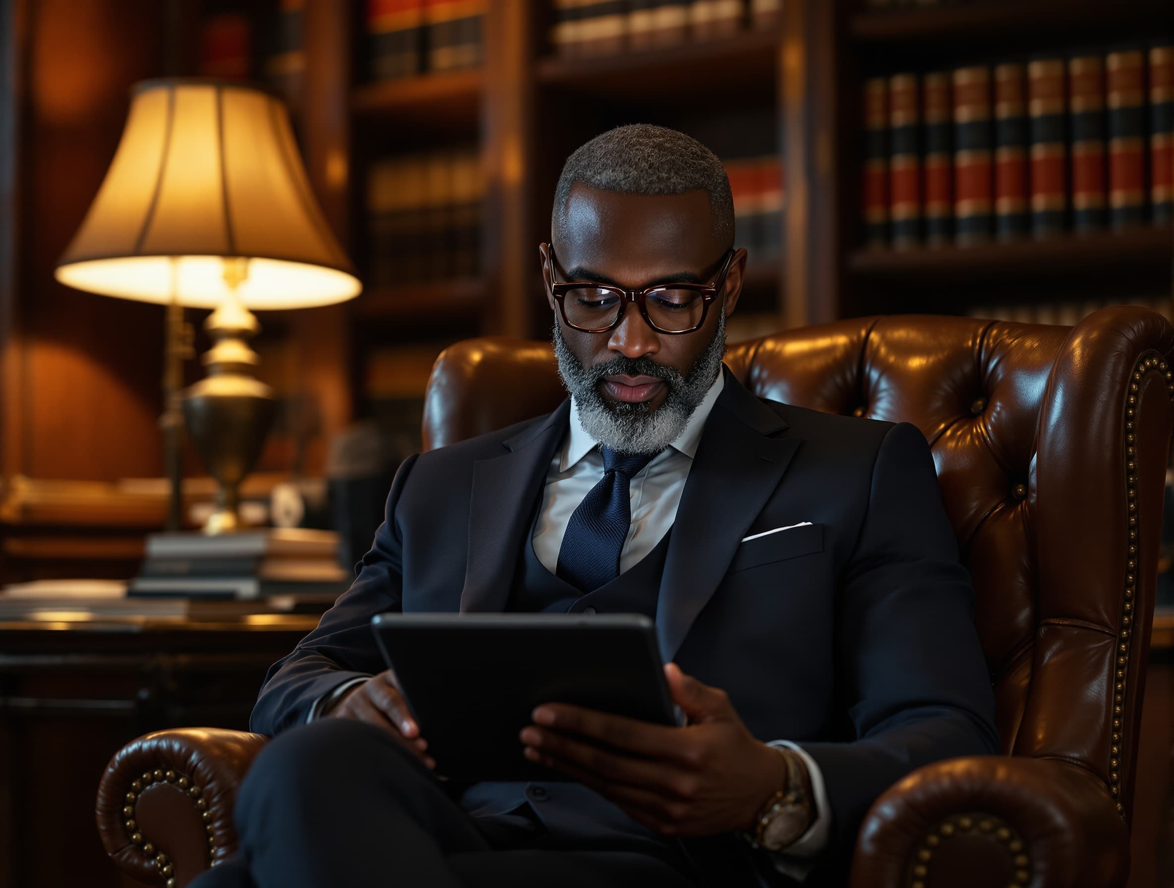 Refined person in their 50s with reading glasses reviewing work on a tablet in a private library at evening, mastery and confidence in their expression